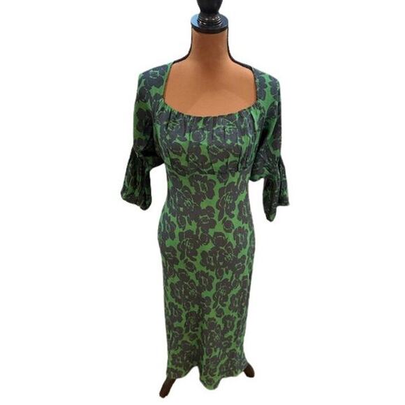 Peter Som Blue and Green Floral Print ¾ Sleeve Midi Dress – Like New – Size 6 - Picture 1 of 8